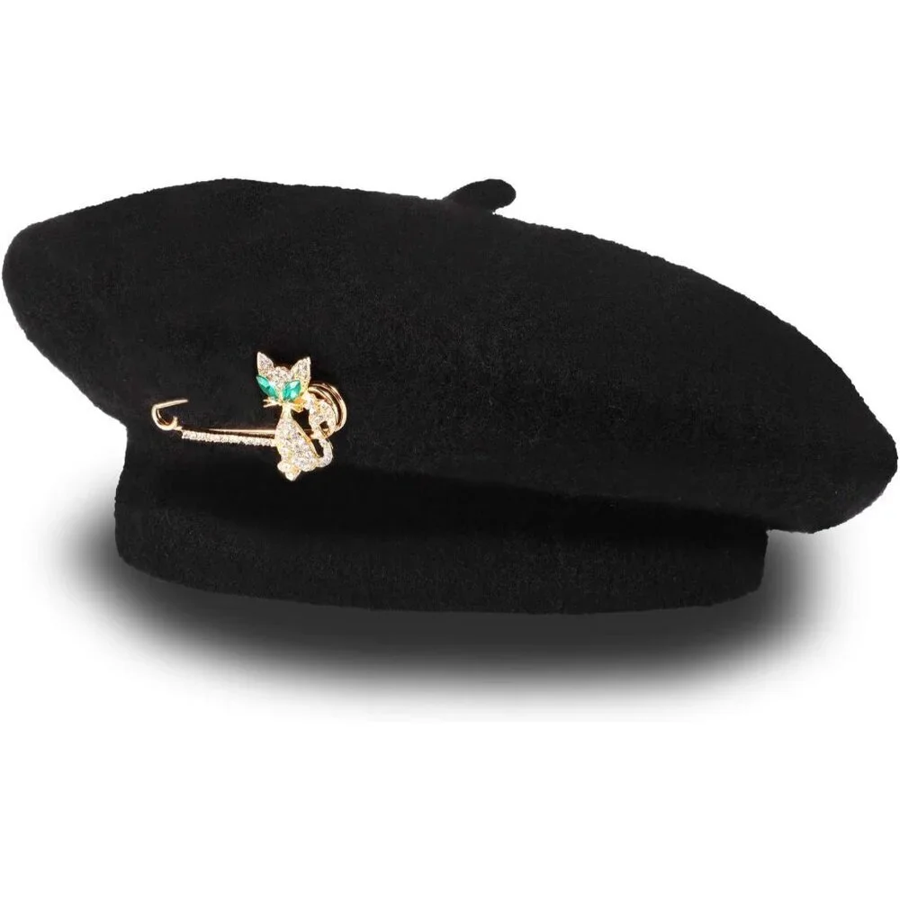 Wool Beret Hat with Silky Scarf Brooch Women Solid French Beanie Accessory